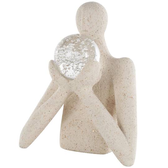 12.75" Cream People Abstract Textured Polystone Sculpture with Clear Glass Ball & Gold Speckles